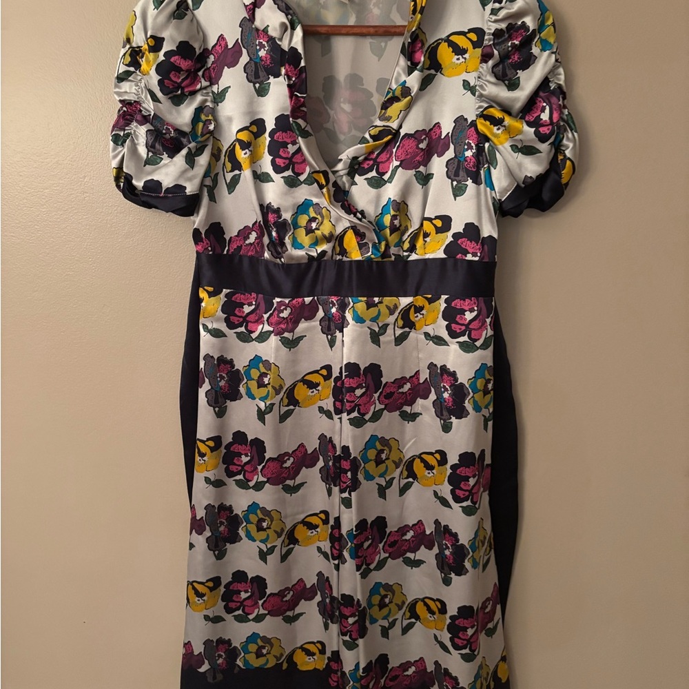 Ted Baker Silver Purple Navy Floral Dress silk tie waist ruffle